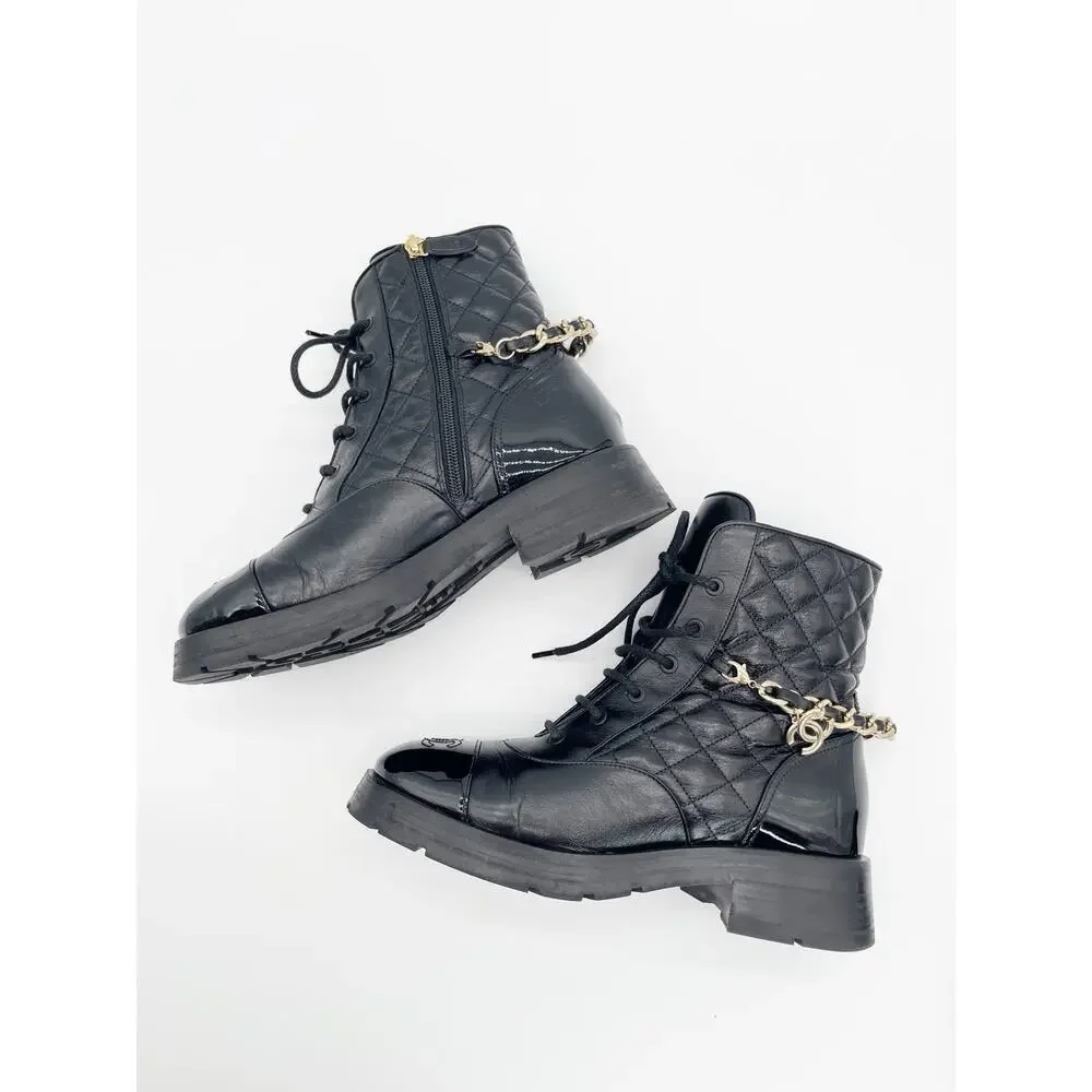 Chanel Black Quilted Patent Cap Toe Leather CC Chain Ankle Combat Boots EU 39.5